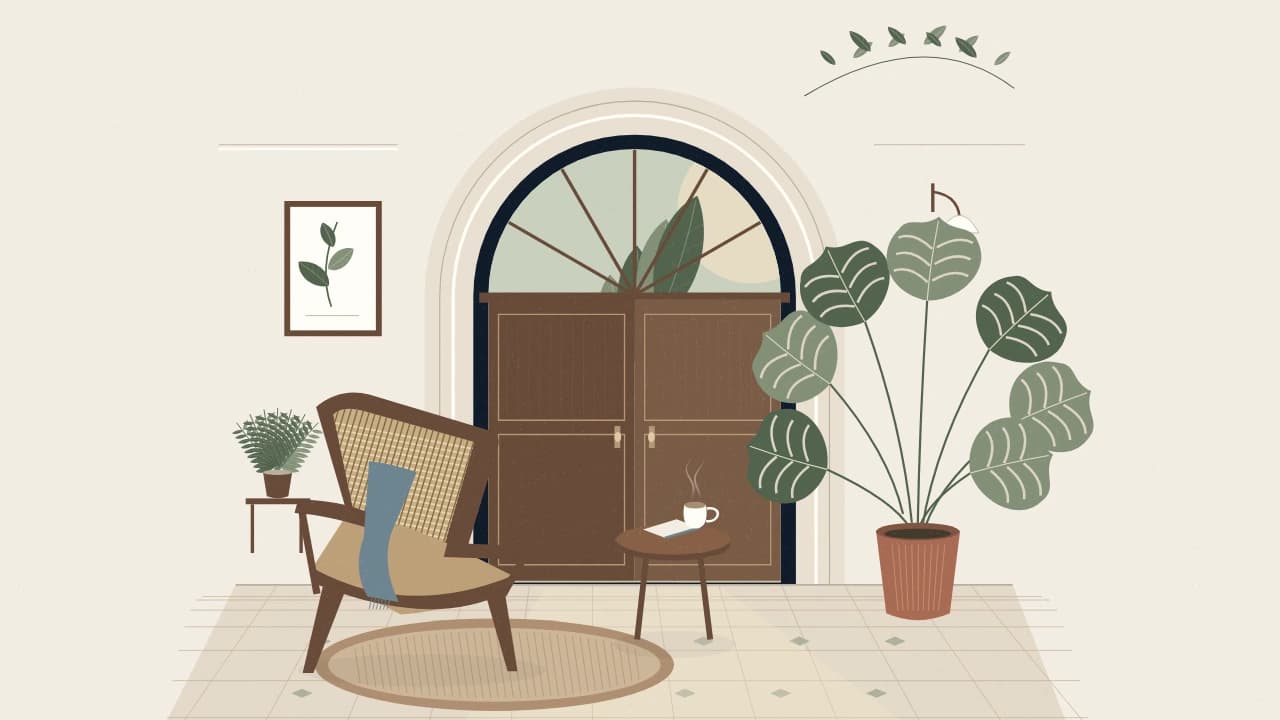 Ilustración original de una casa acogedora: puertas en arco, sillón de madera, café y plantas.