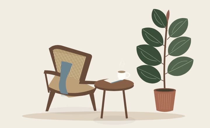 Ilustración de un sillón, un café y un Ficus elastica: una invitación a conversar.
