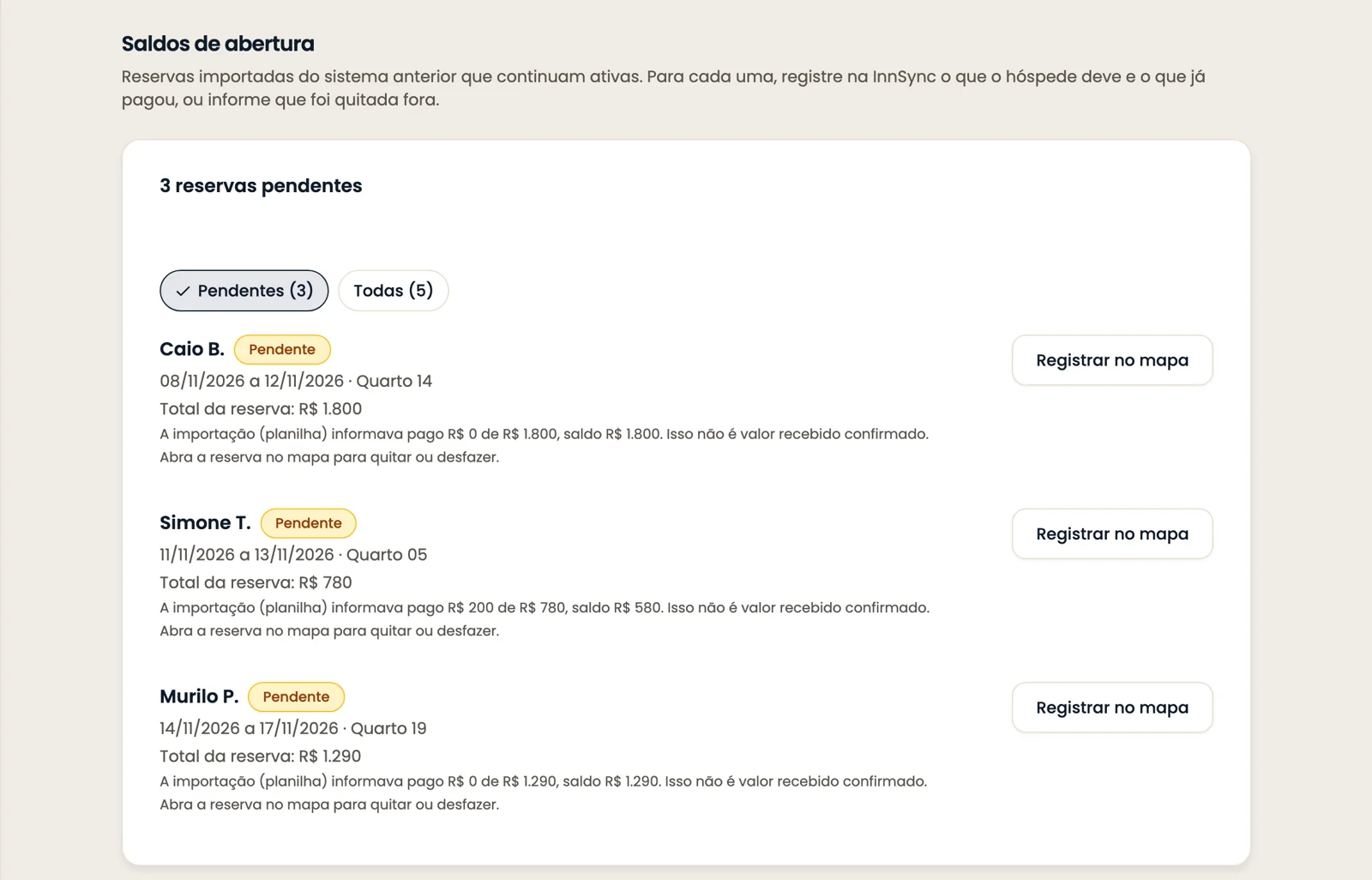 Opening balances for imported bookings